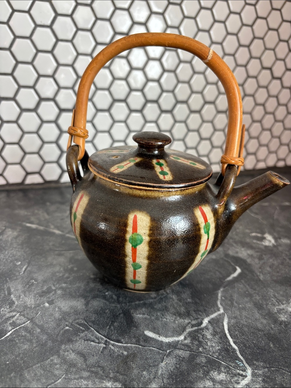 Handcrafted Dark Brown Japanese Ceramic Teapot with Green and Red Accent